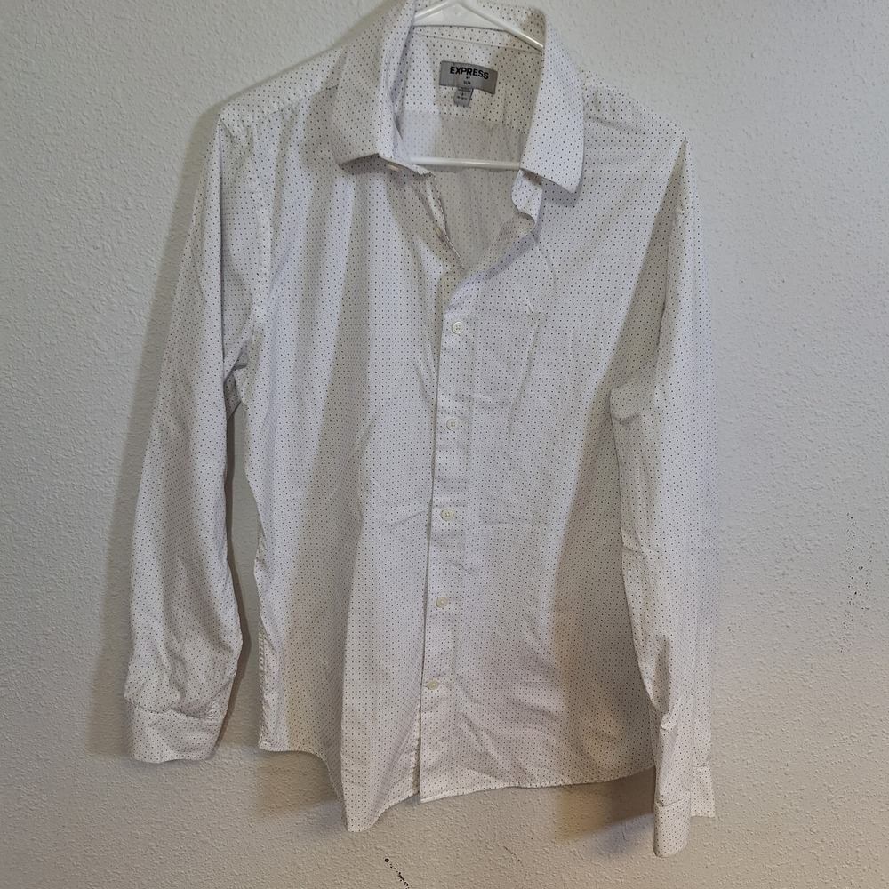 Express Slim Shirt White & Black Polka Dot Mens Size L 16-16½ Long Sleeve Collar